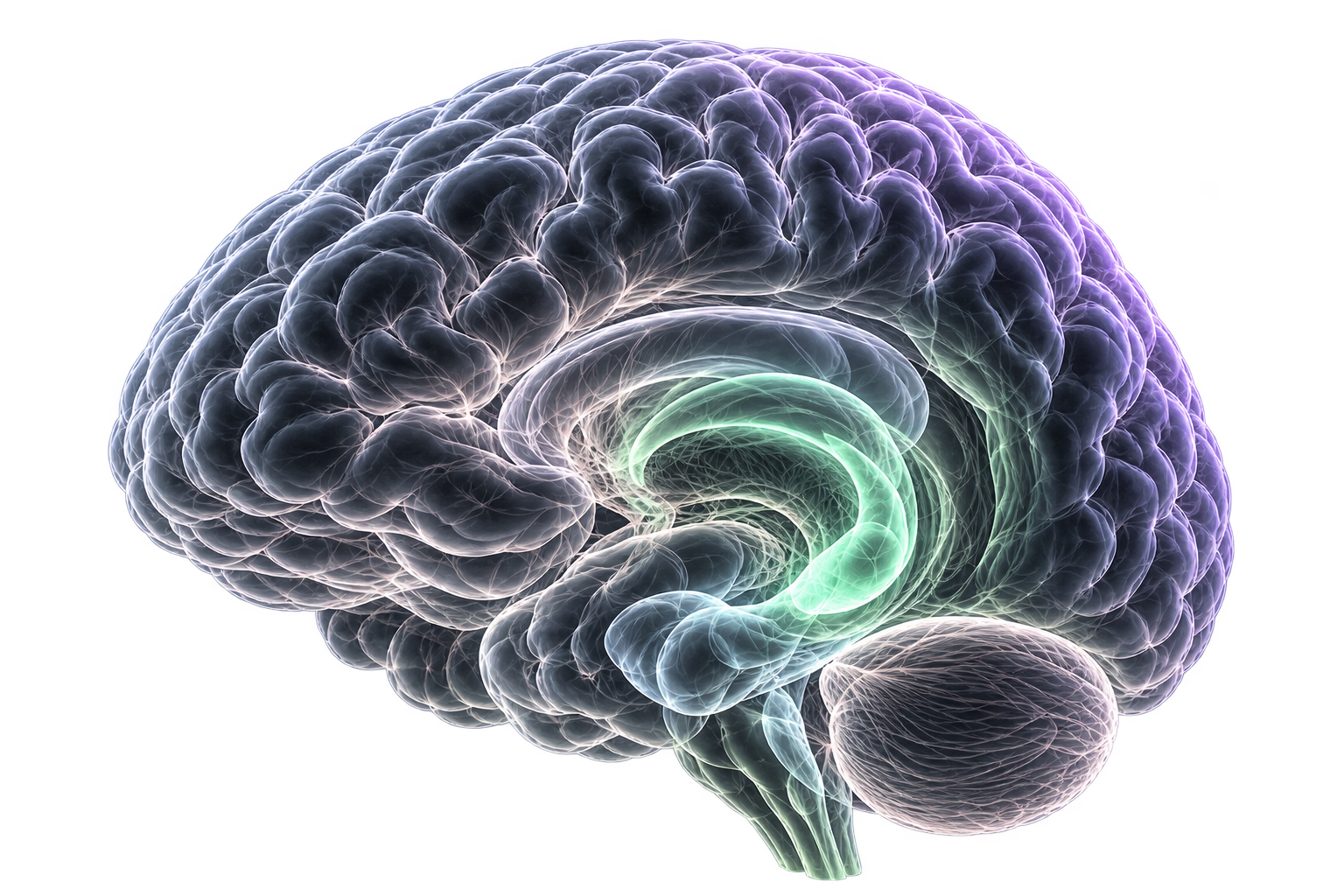 An illustrative translucent brain with soft mint and lavender light